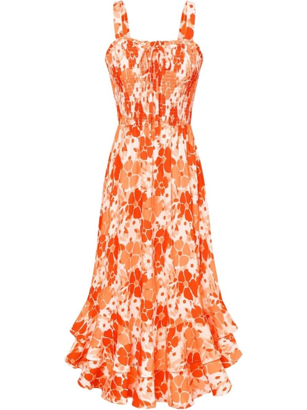 Women's Orange Square Neck Strapped A LINE Floral Boho Long Maxi Dress